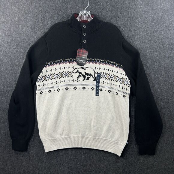 Chaps Sweater Mens Extra Large Black White Knit Bear Holiday Christmas